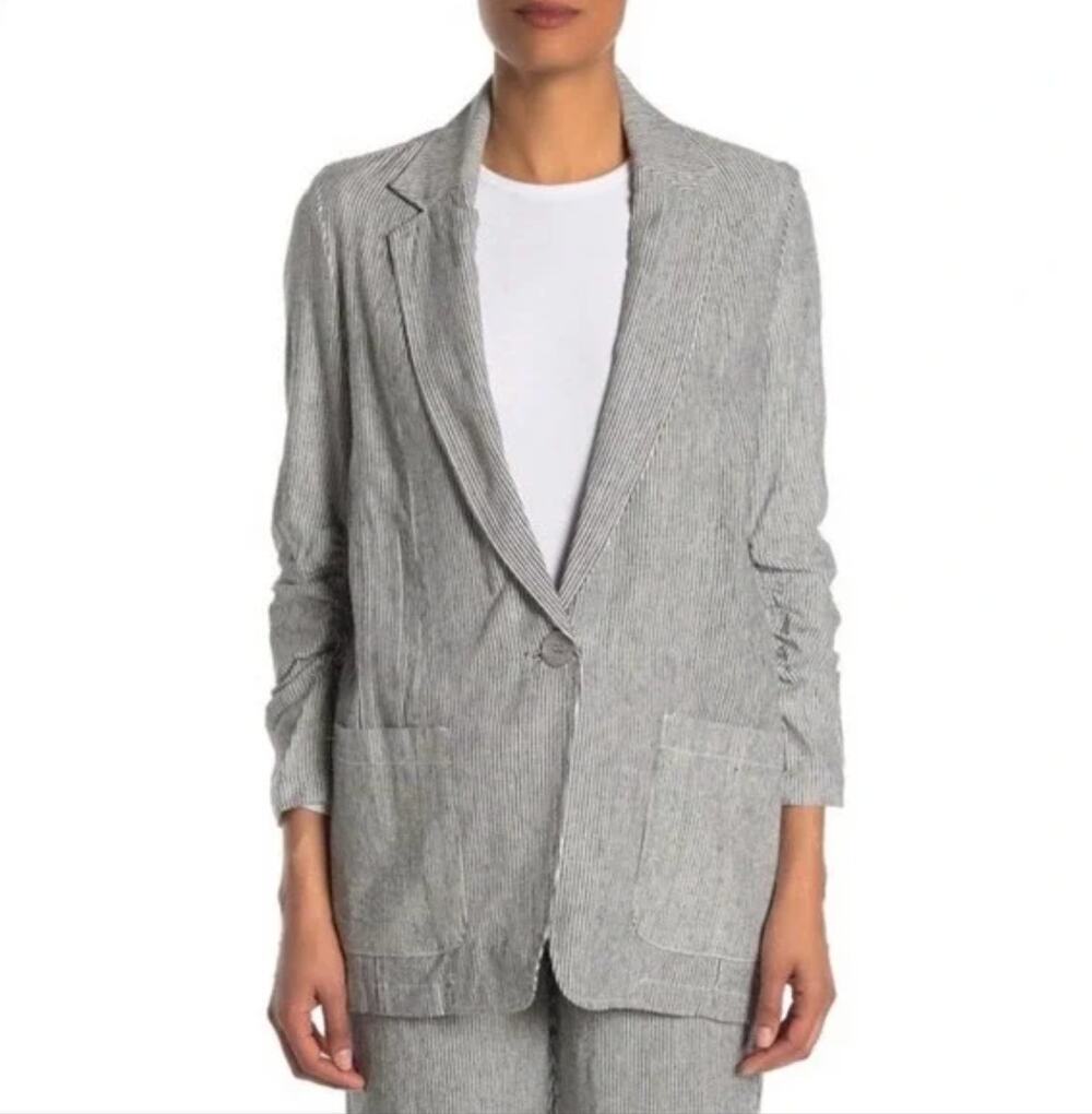 MAX STUDIO |  Gray and White Striped  Linen Blend Blazer Jacket | Large